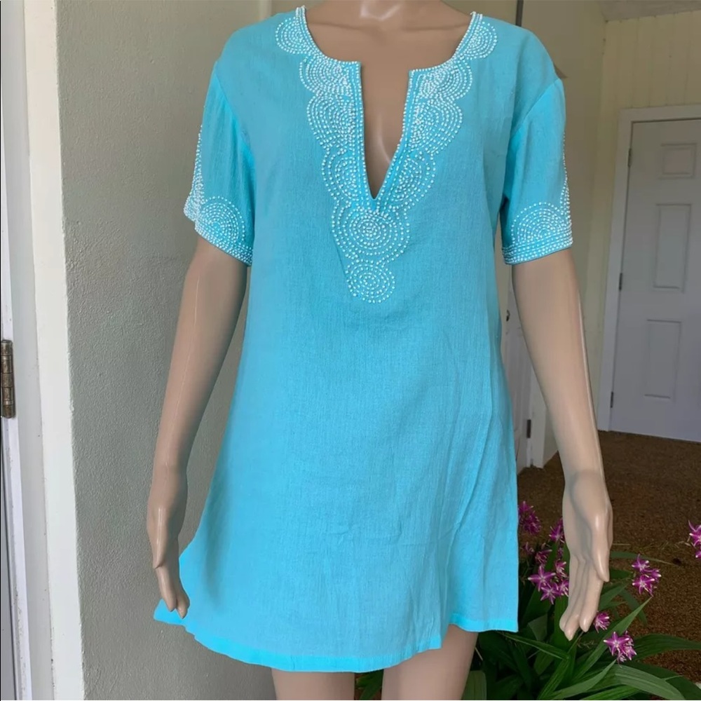 Blue Ginger aqua blue beaded tunic beach coverup M